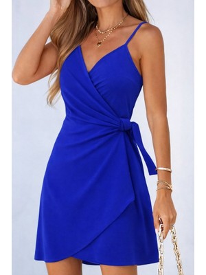 Nidam Butik Kadın Ip Askılı Kruvaze Yakalı Belden Kuşaklı Kısa Janjan Krep Elbise
