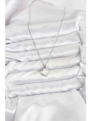 Senka Mey Ithalat® 316L Çelik Zincir Gümüş Renk Sedefli Yonca Kadın Kolye