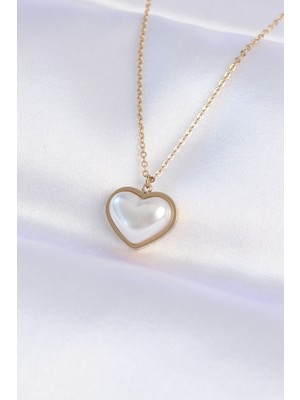 316L Çelik Zincir Gold Renk Beyaz Taşlı Bubble Kalp Kolye - Lisinya