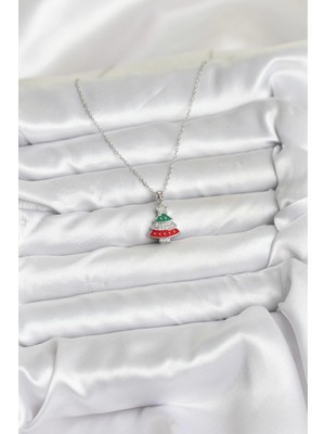 Senka Mey Ithalat® 316L Çelik Zincir Gümüş Ren Çam Ağacı Model Zirkon Taşlı Yılbaşı Temalı Kadın Kolye