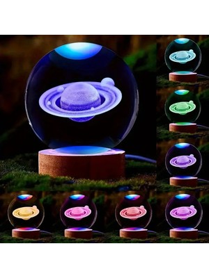 PremiumPort Halkalı Satürn Gezegeni 3D Kristal Cam Renk Değiştiren USB Dekor