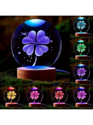 PremiumPort Yonca Çiçeği Kristal Cam Kar Küresi Renk Değiştiren 3D Dekor Hediye