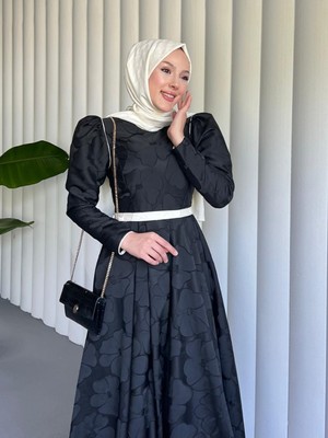 Moda Morfo Kemerli Balon Etek Soğuk Baskı Kaftan Abiye Elbise  -Siyah