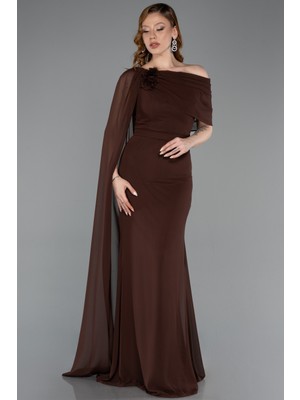 Abiyefon Pelerinli Tek Omuz Uzun Şifon Abiye Elbise ABU5418