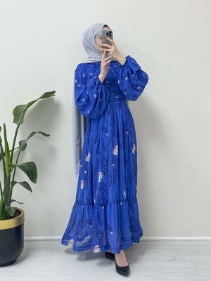 Modamorfo Bel ve Boyundan Büzgülü Balon Kol Astarlı Şifon Elbise -Saks