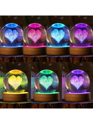 PremiumPort 3D Kalp Kristal Cam Küre LED Işık, Rgb Renk Değiştirici, Usb, Ahşap Stand