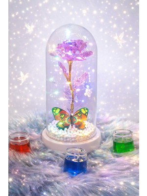 PremiumPort Pembe LED Işıklı Gül ve Kelebekli Sevgililer Günü Hediye Fanusu