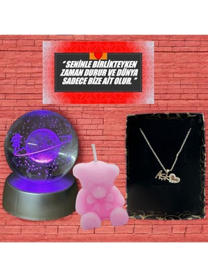 PremiumPort Renk Değişen LED Işıklı Cam Satürn Kız Küre ve Pembe Ayıcık Takımı