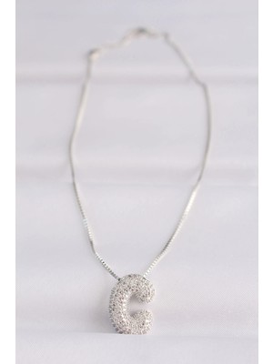 Senka Mey Ithalat® 316L Çelik Zincirli Zirkon Taşlı C Harfli Silver Renk Bubble Kolye