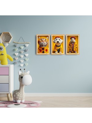 TASARIM ŞEYLER Kostümlü Evcil Hayvanlar Illüstrasyon Seti - 3 Parça Mdf Poster Seti