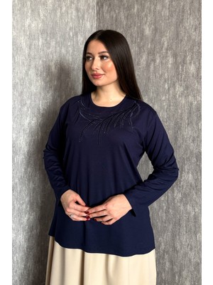 Modaplaza Kadın Büyük Beden Bisiklet Yaka Taşlı Nakışlı Uzun Kol Anne Bluzu 006