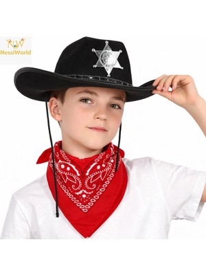 Senka Mey Ithalat® Çocuk Kovboy Şapka Rozetli Siyah &amp; Kırmızı Bandana Seti