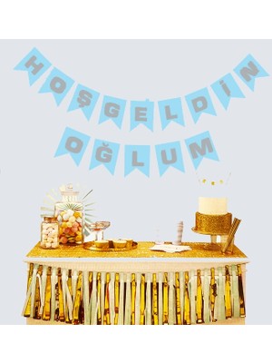 Senka Mey Ithalat® Hoşgeldin Oğlum Mavi Üzeri Gümüş Yeni Doğan Bebek Doğum Süsü Afiş Bayrak Flama 2.2 Met