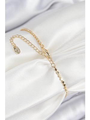 Senka Mey Ithalat® Pirinç Zirkon Taşlı Kalp Model Ezme Zincir Gold Renk Kadın Bileklik