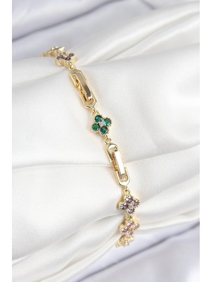 Senka Mey Ithalat® Vip Pirinç Renkli Zirkon Taşlı Yonca Model Gold Renk Kadın Bileklik