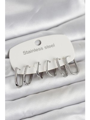 Pileli Store 316L Çelik Gümüş Renk 6'lı Set Geometrik Model Kadın Küpe