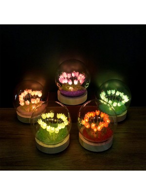 PremiumPort Pembe LED Işıklı Lale Cam Fanus, Şık ve Zarif Dekorasyon Ürünü