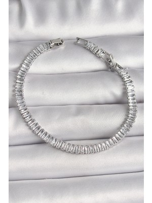 Senka Mey Ithalat® Pirinç Gümüş Renk Zirkon Taşlı Su Yolu Model Kadın Bileklik