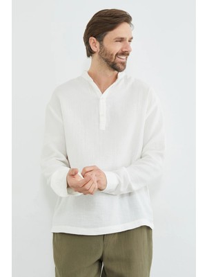 FullaModa Yarım Düğmeli Hakim Yaka Müslin Kumaş Gömlek