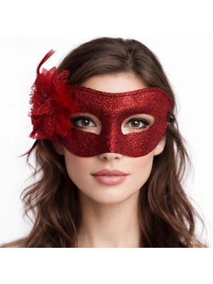 Senka Mey Ithalat® Kırmızı Simli Tüylü Balo Maskesi – Kadın Parti &amp; Maskeli Balo Maskesi