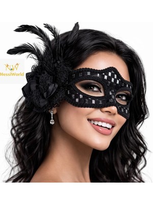 Senka Mey Ithalat® Siyah Tüylü Balo Maskesi Kadın Parti Aksesuarı