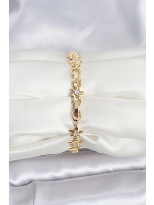 Senka Mey Ithalat® Pirinç Gold Renk Vip Seri Sıralı Taşlı Yıldız Model Zirkon Taşlı Kadın Bileklik