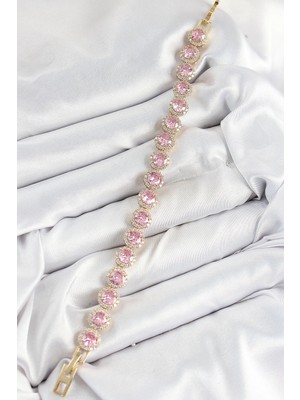 Senka Mey Ithalat® Pirinç Pembe Zirkon Taşlı Daire Baget Model Gold Renk Vip Seri Kadın Bileklik