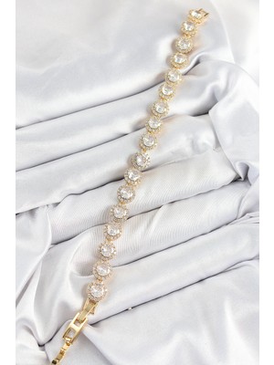 Senka Mey Ithalat® Pirinç Zirkon Taşlı Daire Baget Model Gold Renk Vip Seri Kadın Bileklik