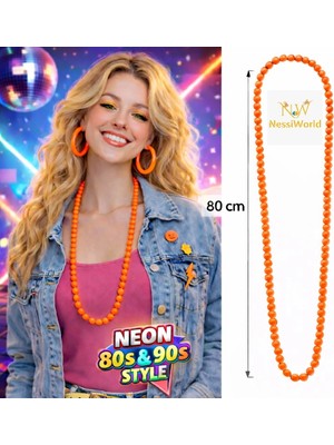 Senka Mey Ithalat® Neon Turuncu Boncuk Kolye 80 cm – Retro 80’ler 90’lar Parti Aksesuarı