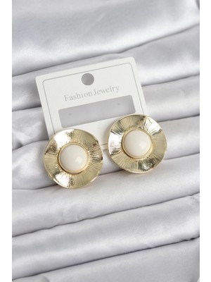 Senka Mey Ithalat® Vintage Model Beyaz Gold Renk Pirinç Kadın Küpe