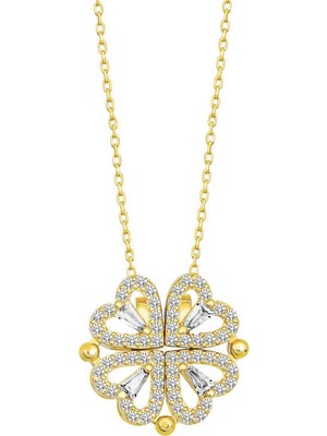 Pileli Store 925 Ayar Gümüş Gold Kalpli Açılabilen Yonca Kadın Gümüş Kolye