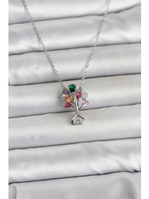 Pileli Store 316L Çelik Zincir Gümüş Renk Uçan Balon Ev Figür Kadın Kolye