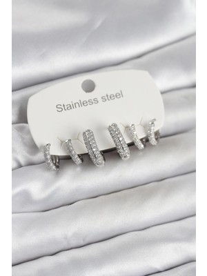 Pileli Store 316L Çelik Gümüş Renk 6'lı Set Zirkon Taşlı Halka Model Kadın Küpe