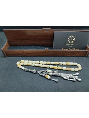İskeçe Tesbih 475 Ayar Gümüş Püsküllü El Boy Kalingrad White Amber 7.9 Gr.sertifikalı 9625