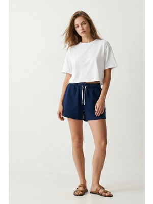 elemge Kadın Pamuklu Lacivert Beli Ipli Şort Günlük Basic Regular Fit Cepli Normal Bel Rahat Esnek 2 Iplik