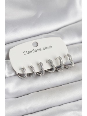 Pileli Store 316L Çelik Gümüş Renk 6'lı Set Kalp Form Kadın Küpe