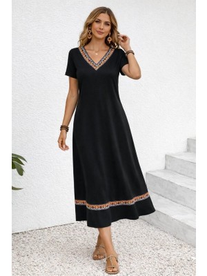 Modi Green Viskon Kadın Modern Stil Kısa Kollu V Yakalı Etnik Şerit Detaylı Uzun