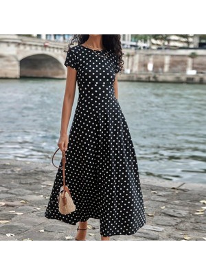 Modi Green Kadın Zarif Duruş Kısa Kollu Bisiklet Yaka Puantiyeli Maksi Örme Krep Elbise