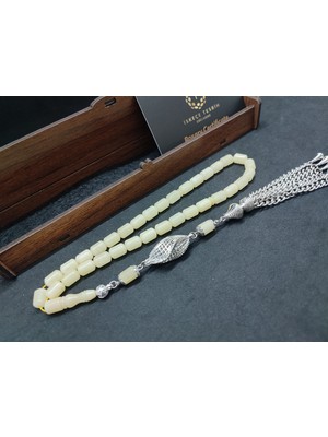 İskeçe Tesbih 475 Ayar Gümüş Püsküllü El Boy Kalingrad White Amber 14.05 Gr.sertifikalı 9628