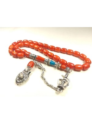 İskeçe Tesbih Nargi̇le ve Kurt Başlı Püsküllü 925 Ayar Gümüş Nakkaş Sıkma Kehri̇bar