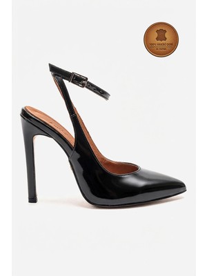 Ayakkabı Ateşi Hakiki Deri Siyah Rugan Sivri Burunlu Bilekten Bağlı Yüksek Ince Topuklu Ayakkabı Dura