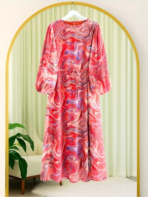 Modamorfo Batik Baskılı Astarlı Şifon Elbise -Kiremit