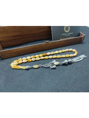 İskeçe Tesbih Ahşap Kutulu  6.75 Gr. Gümüş Püsküllü Toprak Fosi̇lli̇ 9 Gr. Rus Kaya Damla