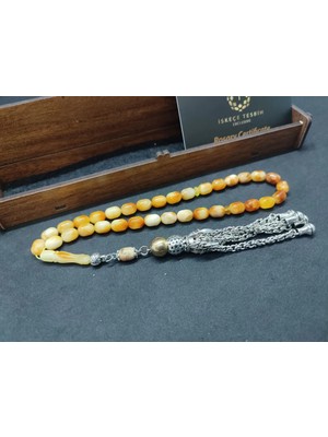 İskeçe Tesbih Ahşap Kutulu  6.75 Gr. Gümüş Püsküllü Toprak Fosi̇lli̇ 11.20 Gr. Rus Kaya Damla