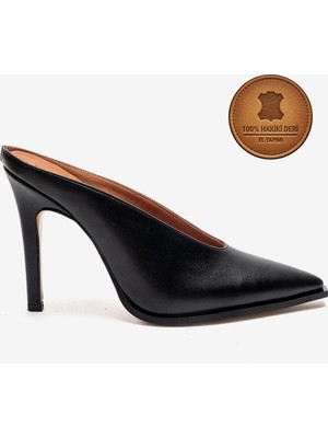 Ayakkabı Ateşi Hakiki Deri El Yapımı Siyah Deri Sivri Burun Ince Topuklu Terlik Kobede