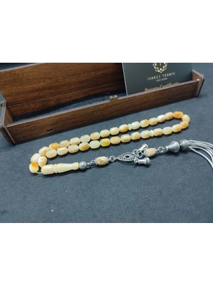 İskeçe Tesbih Ahşap Kutulu  6.75 Gr. Gümüş Püsküllü Toprak Fosi̇lli̇ 13 Gr. Rus Kaya Damla