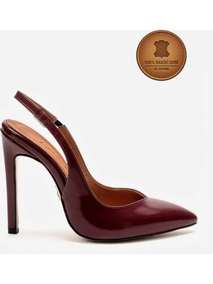 Ayakkabı Ateşi Hakiki Deri Bordo Rugan Sivri Burunlu Küt Tabanlı Stiletto Yüksek Topuklu Ayakkabı Nova