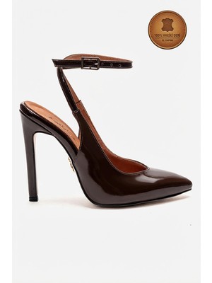 Ayakkabı Ateşi Hakiki Deri Kahverengi Rugan Sivri Burunlu Bilekten Bağlı Yüksek Ince Topuklu Ayakkabı Dura