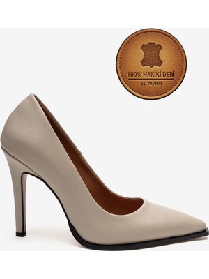 Ayakkabı Ateşi Hakiki Deri Bej Deri Sivri Burunlu Küt Tabanlı Stiletto Yüksek Topuklu Ayakkabı Tokyovarde