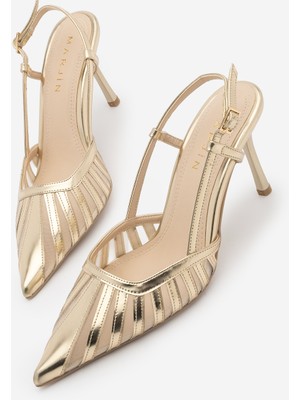 Marjin Kadın Stiletto Sivri Burun Arkadan Bantlı Şerit Detaylı Fileli Ince Klasik Topuklu Ayakkabı Sivon Altın